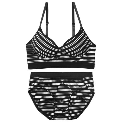 【ノンワイヤー】ストレッチリブボーダーブラジャー&フルバックショーツ［激売れ］(ブラック-M)