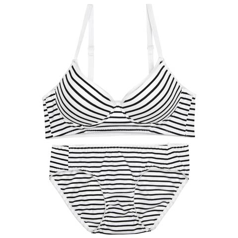 【ノンワイヤー】カジュアルマリンボーダーブラジャー&フルバックショーツ［激売れ］(ホワイト-M)