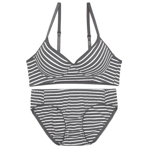 【ノンワイヤー】カジュアルマリンボーダーブラジャー&フルバックショーツ［激売れ］(グレー-M)
