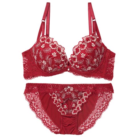 ルミナスリッチフラワー育乳脇高ブラジャー&フルバックショーツ［激売れ］(ワインレッド-A70/ショーツM)
