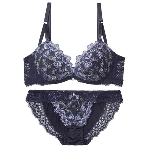 【EFサイズ】ルミナスリッチフラワー育乳脇高ブラジャー&フルバックショーツ［大人気］(ネイビー-E70/ショーツM)