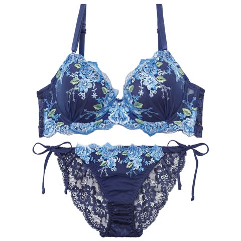 11/7新作!【三上悠亜着用】フローラブルームガーデンブラジャー&サイド紐バック透けフルバックショーツ［激売れ］(ネイビー-A65/ショーツM)