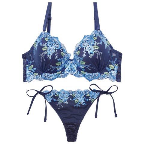 11/7新作!【三上悠亜着用】フローラブルームガーデンブラジャー&サイド紐バック透けTバックショーツ［激売れ］(ネイビー-A65/ショーツM)