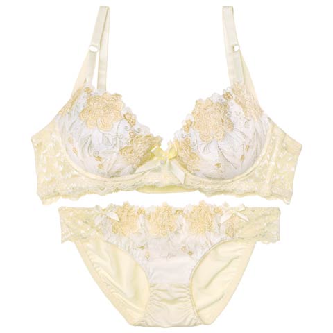 【EFサイズ】ロマンティックブロッサム育乳脇高ブラジャー&フルバックショーツ［大人気］［週末セール］(イエロー-E70/ショーツM)