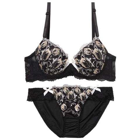 11/8再販!ラグジュアリーリボンチューリップブラジャー&フルバックショーツ［激売れ］(ブラック-A65/ショーツM)