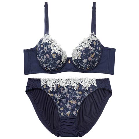 10/28再販!アンティークレトロブルーム育乳脇高ブラジャー&フルバックショーツ［激売れ］(ネイビー-A70/ショーツM)