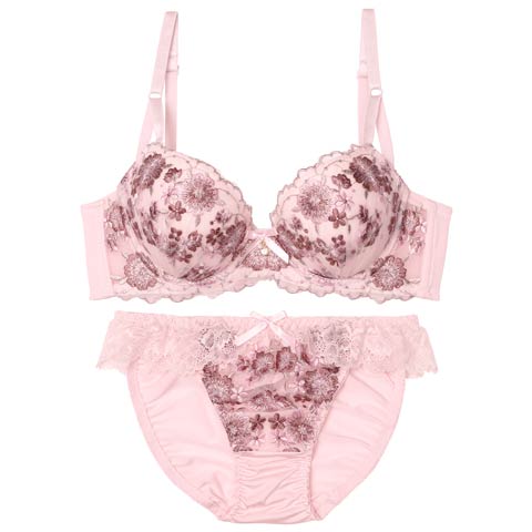 【EFサイズ】メルティピオニーエンブロイダリー育乳脇高ブラジャー&フルバックショーツ［大人気］［週末セール］(ピンク-E70/ショーツM)