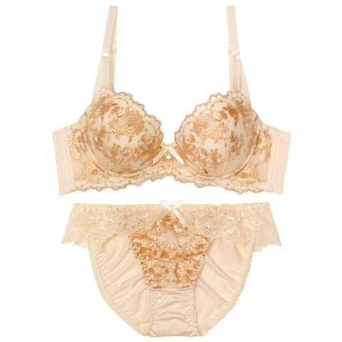 【EFサイズ】メルティピオニーエンブロイダリー育乳脇高ブラジャー&フルバックショーツ［大人気］［週末セール］(オレンジ-E70/ショーツM)