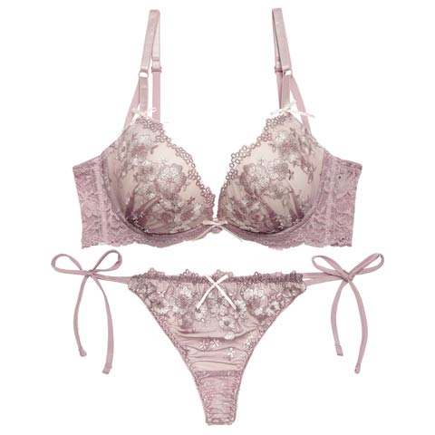 4/1再販!【EFサイズ】ダスティジュエルフラワー育乳脇高ブラジャー&サイド紐バック透けTバックショーツ［大人気］(パープル-E65/ショーツM)