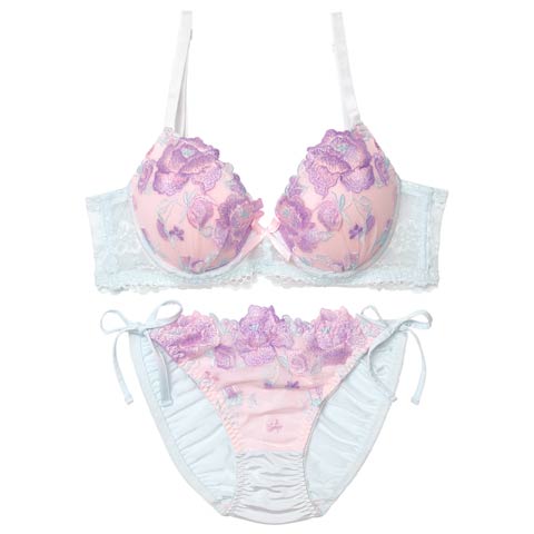 10/8新作!フェミニンパステルピオニー育乳脇高ブラジャー&サイド紐フルバックショーツ［激売れ］(サックス-A70/ショーツM)
