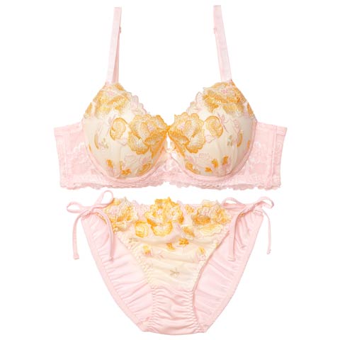 10/8新作!【EFサイズ】フェミニンパステルピオニ育乳脇高ブラジャー&サイド紐フルバックショーツ［大人気］(ピンク-E70/ショーツM)