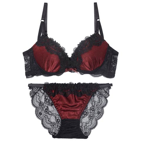 11/28新作!シックサテンレーシィ育乳脇高ブラジャー&バック透けフルバックショーツ［激売れ］(ワインレッド-A65/ショーツM)