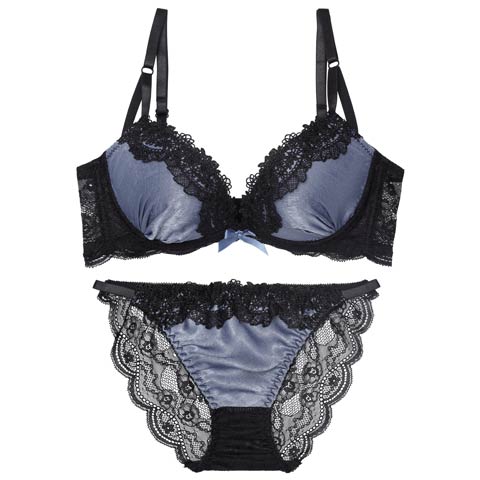 11/28新作!【EFサイズ】シックサテンレーシィ育乳脇高ブラジャー&バック透けフルバックショーツ［大人気］(ブルー-E65/ショーツM)