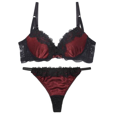 11/28新作!【EFサイズ】シックサテンレーシィ育乳脇高ブラジャー&バック透けTバックショーツ［大人気］(ワインレッド-E65/ショーツM)