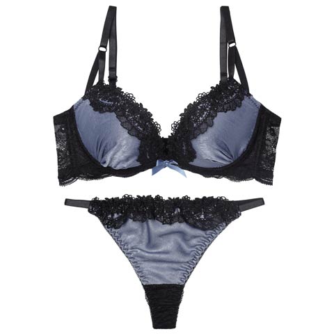 11/28新作!【EFサイズ】シックサテンレーシィ育乳脇高ブラジャー&バック透けTバックショーツ［大人気］(ブルー-E65/ショーツM)