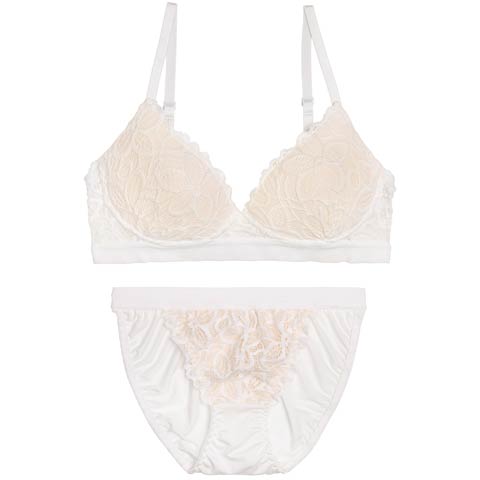 11/17新作!【ノンワイヤー】ノルディックフラワーレースブラジャー&フルバックショーツ［激売れ］(ホワイト-M)