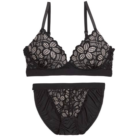 11/17新作!【ノンワイヤー】ノルディックフラワーレースブラジャー&フルバックショーツ［激売れ］(ブラック-M)