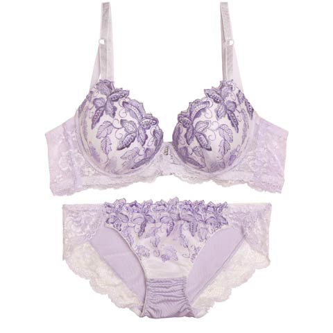 10/29新作!ナチュールリーフエンブロイダリー育乳脇高ブラジャー&フルバックショーツ［激売れ］(パープル-A70/ショーツM)