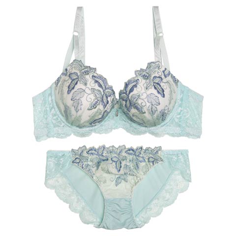 10/29新作!ナチュールリーフエンブロイダリー育乳脇高ブラジャー&フルバックショーツ［激売れ］(ブルー-A70/ショーツM)