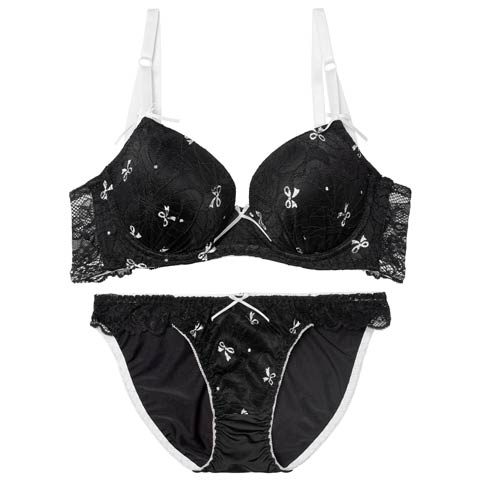 11/3新作!スウィートリボンレーシィ育乳脇高ブラジャー&フルバックショーツ［激売れ］(ブラック-A70/ショーツM)