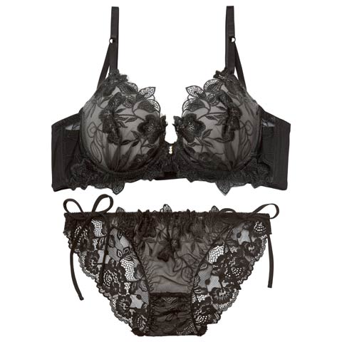 12/26新作!【三上悠亜着用】ノーブルボタニカルエンブロイダリー育乳脇高ブラジャー&サイド紐バック透けフルバックショーツ［激売れ］(ブラック-A65/ショーツM)