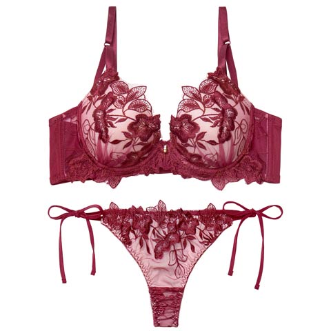 12/26新作!【三上悠亜着用】ノーブルボタニカルエンブロイダリー育乳脇高ブラジャー&サイド紐バック透けTバックショーツ［激売れ］(ワインレッド-A65/ショーツM)
