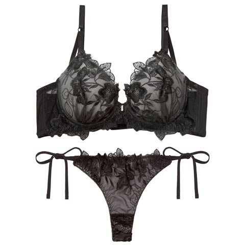 12/26新作!【三上悠亜着用】ノーブルボタニカルエンブロイダリー育乳脇高ブラジャー&サイド紐バック透けTバックショーツ［激売れ］(ブラック-A65/ショーツM)