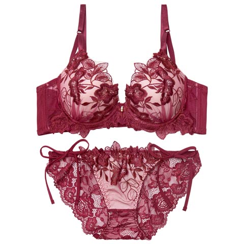 12/26新作!【三上悠亜着用】【EFサイズ】ノーブルボタニカルエンブロイダリー育乳脇高ブラジャー&サイド紐バック透けフルバックショーツ［大人気］(ワインレッド-E65/ショーツM)