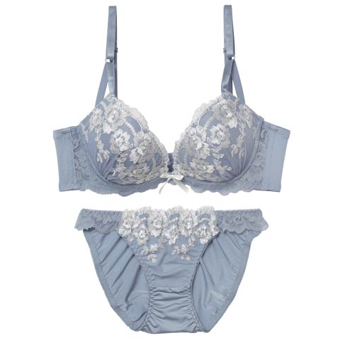 11/7新作!【EFサイズ】ダスティフローラルレース育乳脇高ブラジャー&フルバックショーツ［大人気］(ブルー-E70/ショーツM)