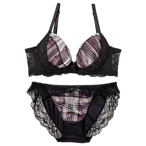 11/7新作!ノーブルチェックレーシィ育乳脇高ブラジャー&フルバックショーツ［激売れ］(パープル-A70/ショーツM)