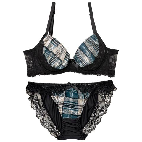 11/7新作!ノーブルチェックレーシィ育乳脇高ブラジャー&フルバックショーツ［激売れ］(ブルー-A70/ショーツM)