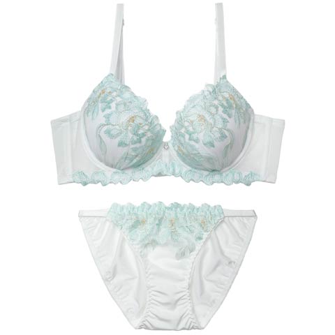 12/17新作!ブルームフラワーエンブロイダリー育乳脇高ブラジャー＆フルバックショーツ［激売れ］(ホワイト-A70/ショーツM)