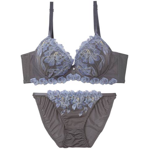 12/17新作!ブルームフラワーエンブロイダリー育乳脇高ブラジャー＆フルバックショーツ［激売れ］(グレー-A70/ショーツM)