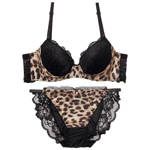11/8再販!レオパードラインストーン育乳脇高ブラジャー&フルバックショーツ［激売れ］(ブラウン-A65/ショーツM)