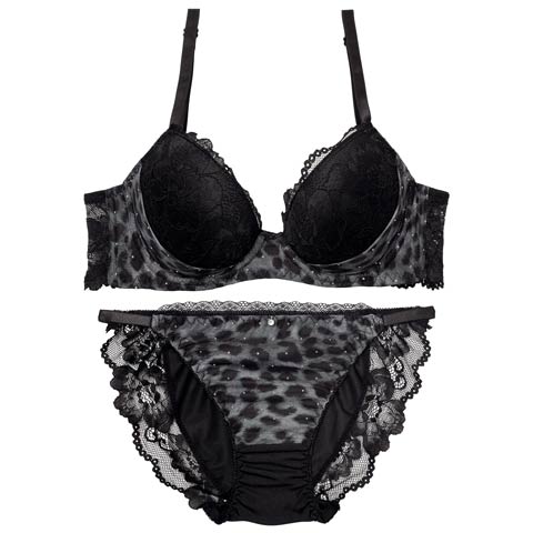 11/8再販!レオパードラインストーン育乳脇高ブラジャー&フルバックショーツ［激売れ］(グレー-A65/ショーツM)