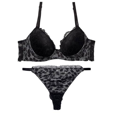 10/1新作!レオパードラインストーン育乳脇高ブラジャー&バック透けTバックショーツ［激売れ］(グレー-A65/ショーツM)