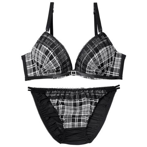 10/10新作!クラシカルガーリーチェックブラジャー&フルバックショーツ［激売れ］(ホワイト×ブラック-A65/ショーツM)