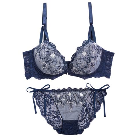 12/15新作!【三上悠亜着用】グレイス シャンデリアレース育乳脇高ブラジャー&サイド紐バック透けフルバックショーツ［激売れ］(ブルー-A65/ショーツM)
