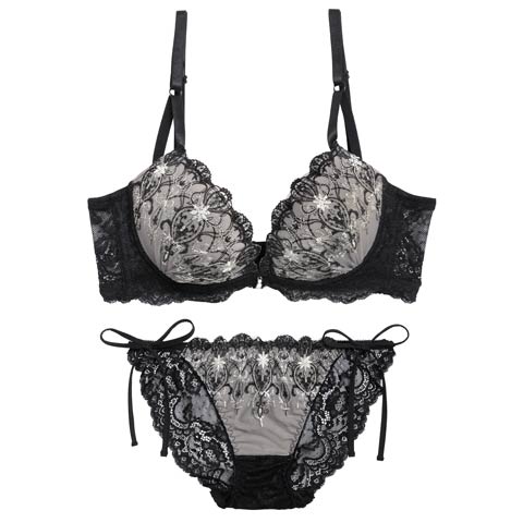 12/15新作!【三上悠亜着用】グレイス シャンデリアレース育乳脇高ブラジャー&サイド紐バック透けフルバックショーツ［激売れ］(ブラック-A65/ショーツM)
