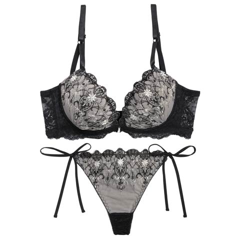 12/15新作!【三上悠亜着用】グレイス シャンデリアレース育乳脇高ブラジャー&サイド紐バック透けTバックショーツ［激売れ］(ブラック-A65/ショーツM)