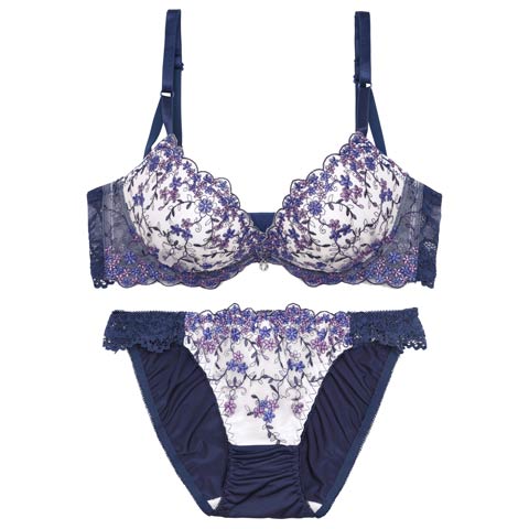 3/9新作!クリスタルブロッサム育乳脇高ブラジャー＆フルバックショーツ［激売れ］(ネイビー-A65/ショーツM)