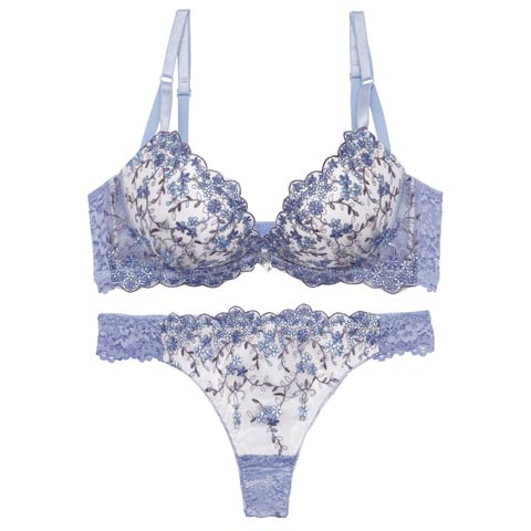 3/9新作!クリスタルブロッサム育乳脇高ブラジャー＆バック透けTバックショーツ［激売れ］(ブルー-A65/ショーツM)