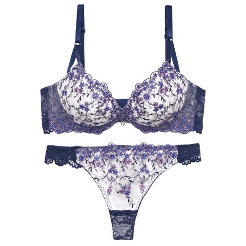 3/9新作!クリスタルブロッサム育乳脇高ブラジャー＆バック透けTバックショーツ［激売れ］(ネイビー-A65/ショーツM)