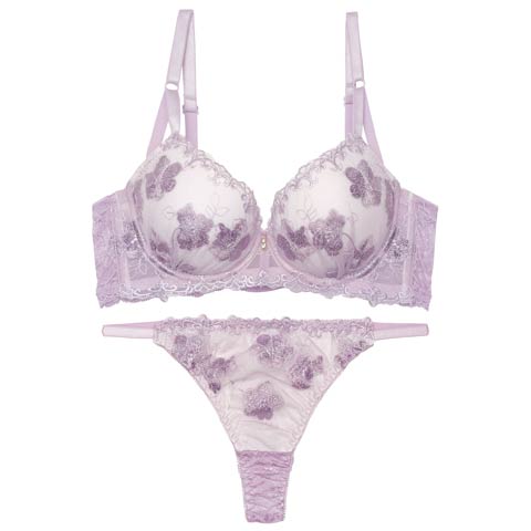 2/23新作!エレガンスシアーフルール育乳脇高ブラジャー&バック透けTバックショーツ［激売れ］(パープル-A65/ショーツM)