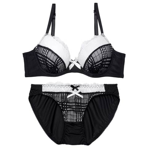 1/5新作!ガーリーチェックレースブラジャー＆フルバックショーツ［激売れ］(ブラック-A70/ショーツM)