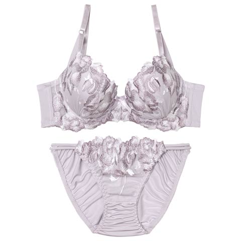 1/7新作!【EFサイズ】グレースペタルエンブロイダリー育乳脇高ブラジャー&フルバックショーツ［大人気］(パープル-E70/ショーツM)