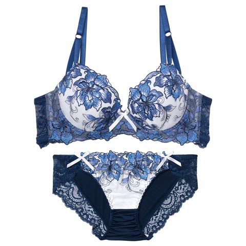 9/12再販!【三上悠亜着用】【EFサイズ】ロイヤルラメフラワー育乳脇高ブラジャー&フルバックショーツ［大人気］(ブルー-E75/ショーツL)