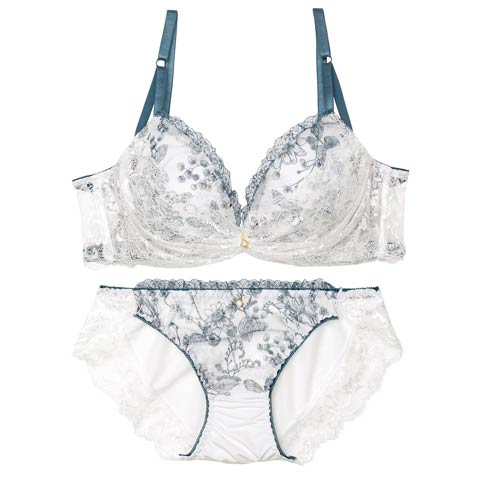 9/12再販!ブロッサムギャザーレース育乳脇高ブラジャー&フルバックショーツ［激売れ］(ホワイト-A70/ショーツM)