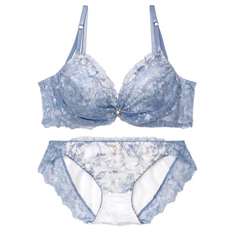 9/12再販!ブロッサムギャザーレース育乳脇高ブラジャー&フルバックショーツ［激売れ］(ブルー-A70/ショーツM)