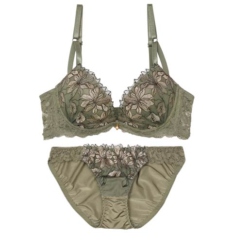 1/21新作!ミステリアスブロッサムレーシィ育乳脇高ブラジャー＆フルバックショーツ［激売れ］(カーキ-A70/ショーツM)